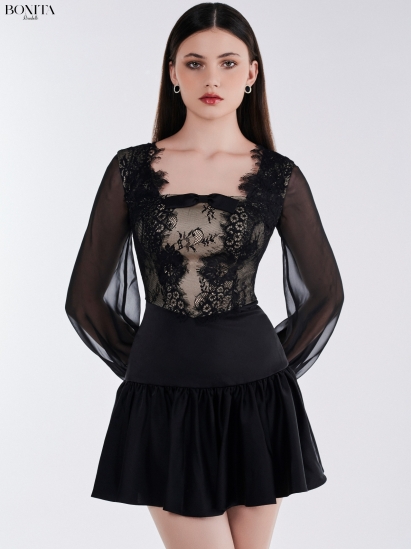 BLACK DRESS WITH LACE SLEEVES