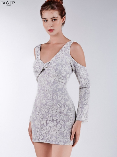 LONG SLEEVE LACE DRESS WITH RUCHED FRONT