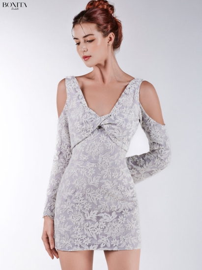 LONG SLEEVE LACE DRESS WITH RUCHED FRONT